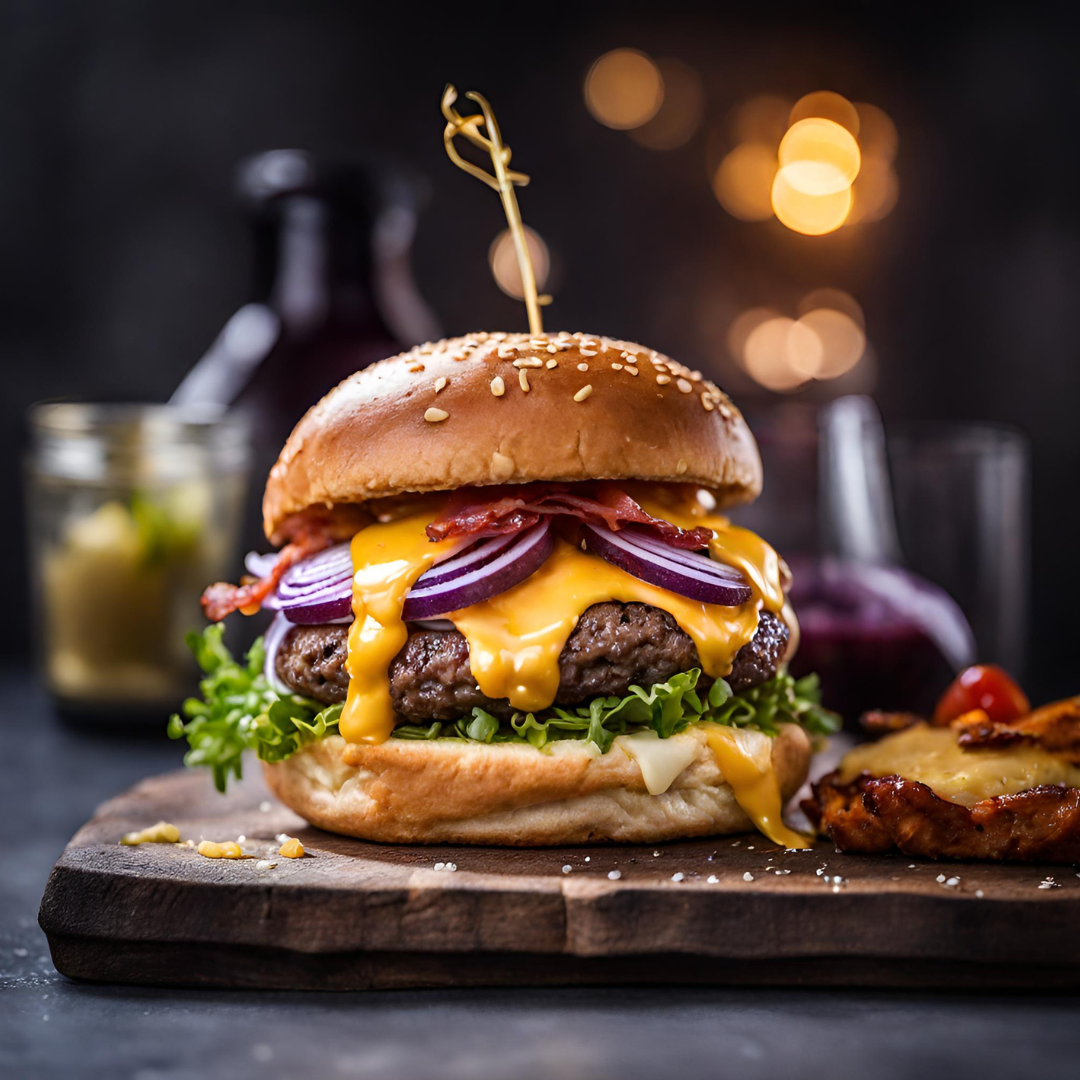 Hamburguesa de vaca 200gr con pan brioche, brotes tiernos, tomate, cebolla violet, mayonesa de bacon y cheddar fundido